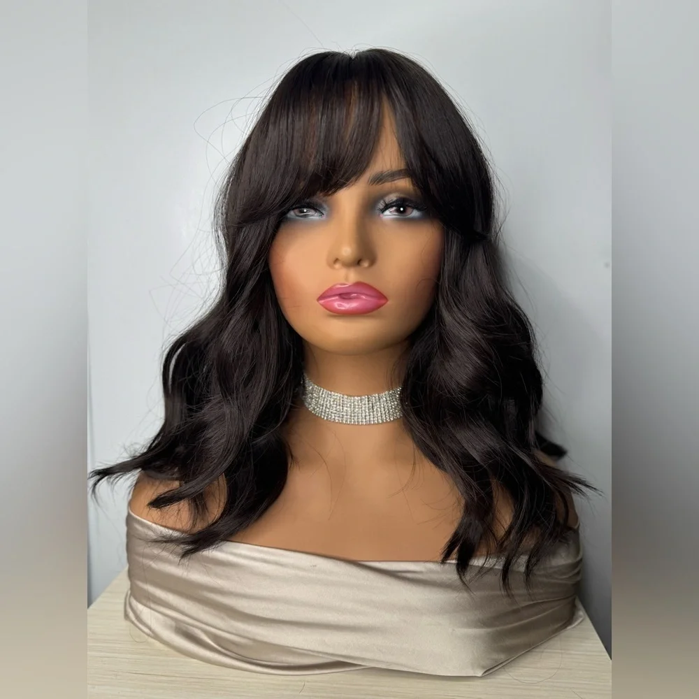 14” Dark Brown Wavy Synthetic Wig with Bangs – Natural Look, Classic Cap